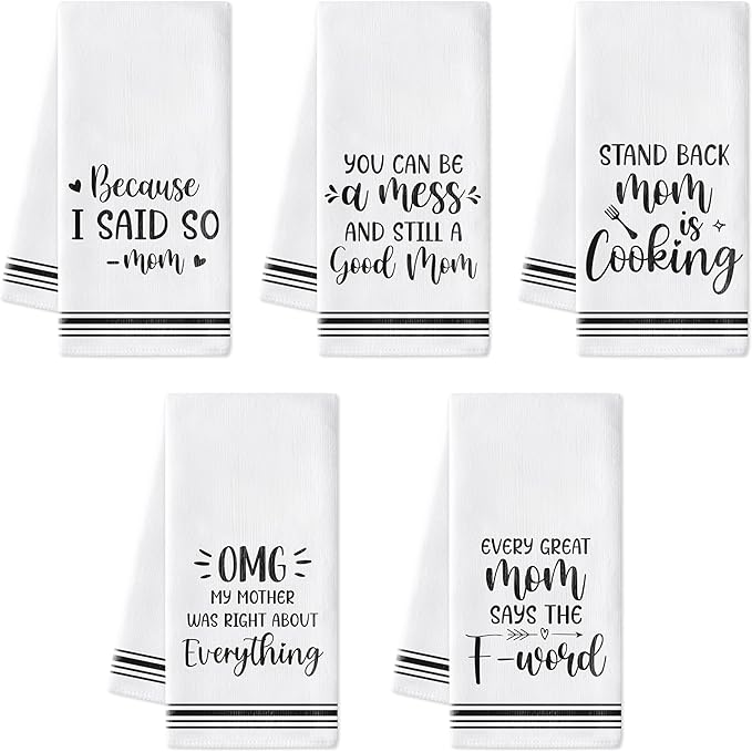 R HORSE Mother's Day Kitchen Dish Towels - 5Pcs Funny Saying Member of Family Kitchen Hand Towels, Soft Absorbent Cleaning Dishcloth Home Bathroom Decor Gift for Mom Hostess Housewarming Gifts