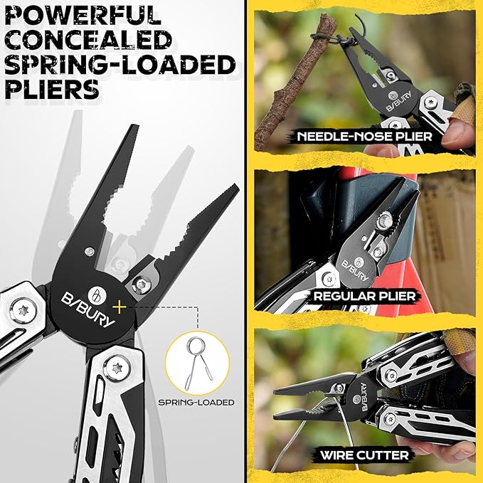 BIBURY Multitool, 21-in-1 Stainless Steel Pocket Knife with Scissors, Self-locking Multi Tool Pliers with Sheath for Outdoor, Survival, Camping, Home Repair, Gadgets for men Gifts for Men