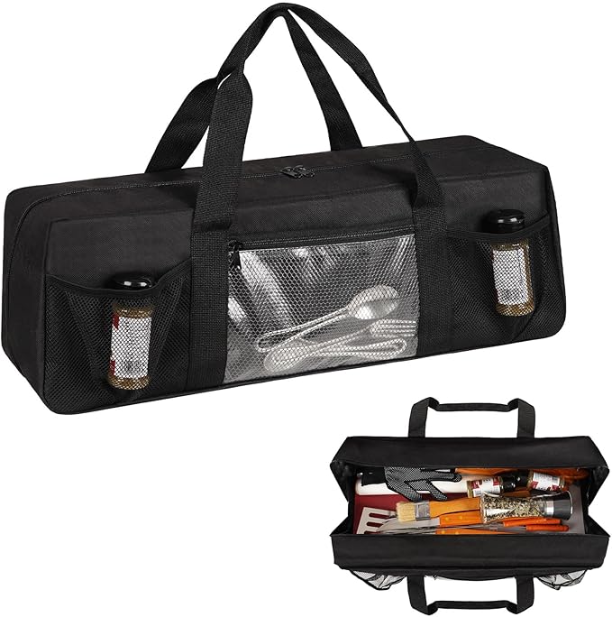 Grill Tool Storage Bag, Large Grill Utensil Storage Caddy with Pockets, BBQ Tools Storage Bag for Outdoor Camping (Black)