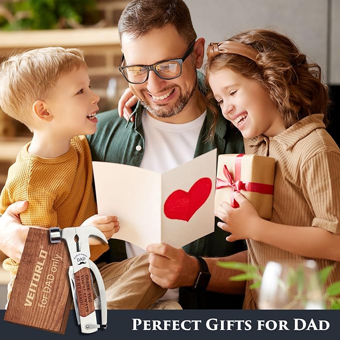VEITORLD Gifts for Dad from Daughter Son Kids, Fathers Day, All in One Tools Hammer Multitool with Engraved Wooden Box, Unique Birthday Gift Ideas for Men Stepdad Him, Cool Gadgets(Dad are Hero)