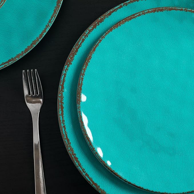LEHAHA Rustic Melamine Dinnerware Sets, 12-piece Dishes Plastic Dinnerware Set for 4, Break-resistant Plates and Bowls Set, Outdoor Casual & Party Use Kitchen Dishes Set, Teal…