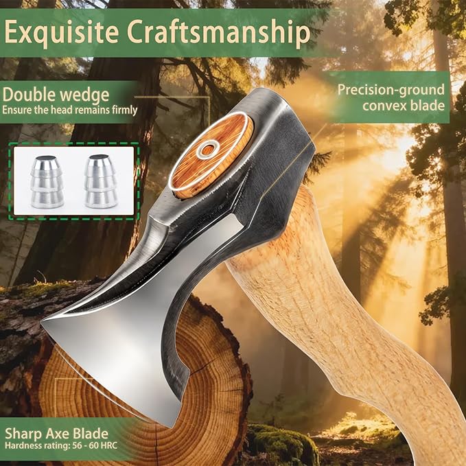 Bushcraft Camping Hatchet, 14.7 in Hand Forged Splitting Axe for Outdoor Wood Splitting Chopping & Carving Tool with Leather Sheath