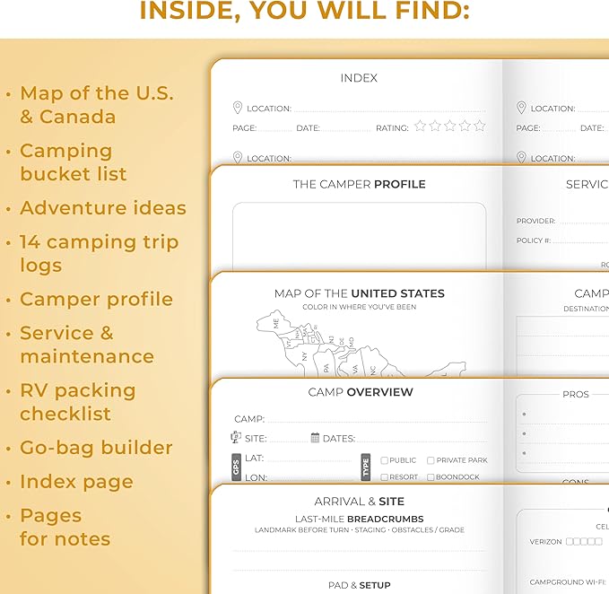 Clever Fox Camping Journal Pocket – Camping Log Book & Outdoor Adventure Journal – RV Travel Log Book – Gifts, Accessories & RV Essentials for Travel Trailers, 14 Trips, 3.7x5.7” (Amber Yellow)