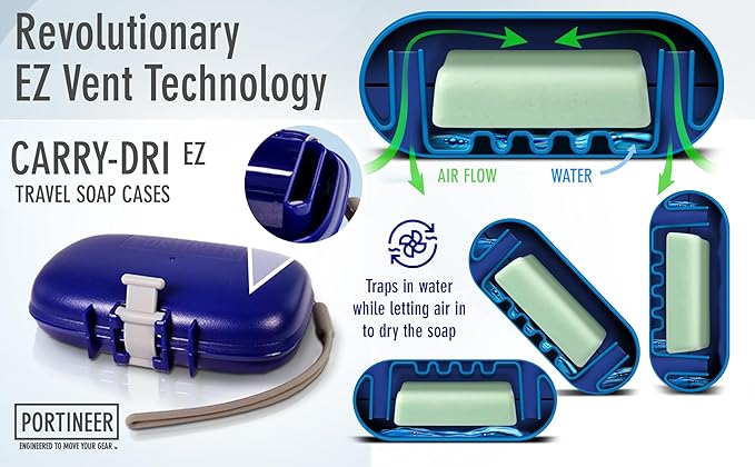 Carry-Dri EZ Travel Bar Soap Container & Dish - Dries with Patented Air Vents - Durable Leakproof Soap Holder - Compact Soap Bar Case - Ultimate Portable Soap Box for Traveling - Blue-Grey