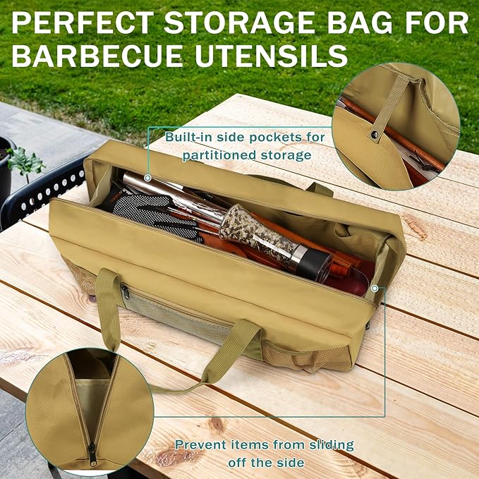 Grill Tool Storage Bag, Large Grill Utensil Storage Caddy with Pockets, BBQ Tools Storage Bag for Outdoor Camping(Brown)