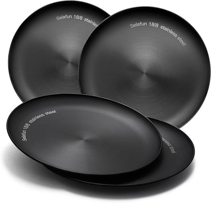 Stainless Steel Dinner plates, 10 inch Round, Set of 4, Dishwasher Safe (Black)