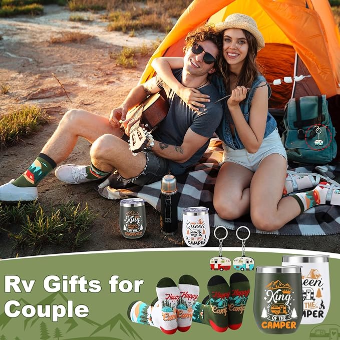 Patelai 6 Pcs Camping Gift Set RV Gifts for Couple Includes 12 oz Stainless Steel Wine Tumblers Unisex Crew Socks Keychains Outdoor Gifts for Women Men Picnics Hiking RV (Classic)