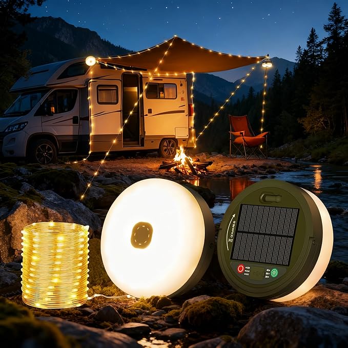 Solar Camping String Lights, 33FT 3000mAh Retractable 4 in 1 Camp Lights with 8 Modes, Portable Rechargeable Camp Lamp, Camping Lamp Outdoor Waterproof, Tent Light for Party, Yard, Hiking