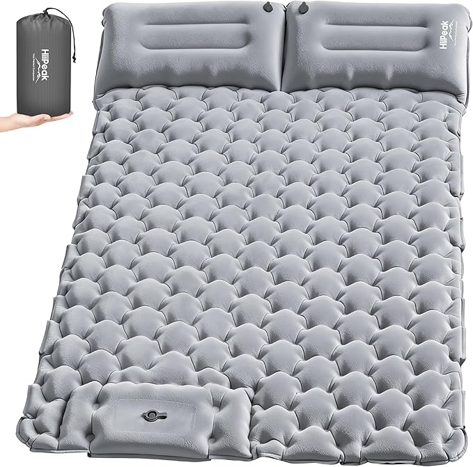 HiiPeak Double Sleeping Pad for Camping - Suede Top Camping Mattress with Pillow, Built-in Foot Pump, Compact Inflatable 2-Person Portable Mat for Backpacking, Hiking, Car Traveling, Beach, Tent