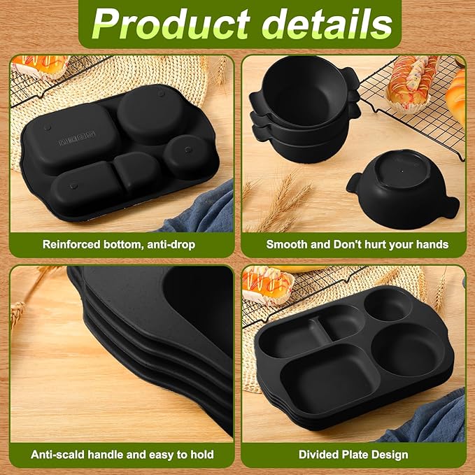 24 Pcs Wheat Straw Dinnerware Cutlery Set for Aldult Including Divided Plates Microwave Dishwasher Safe Bowl Unbreakable Tableware Straw Cutlery Spoon Knife Fork(Black)