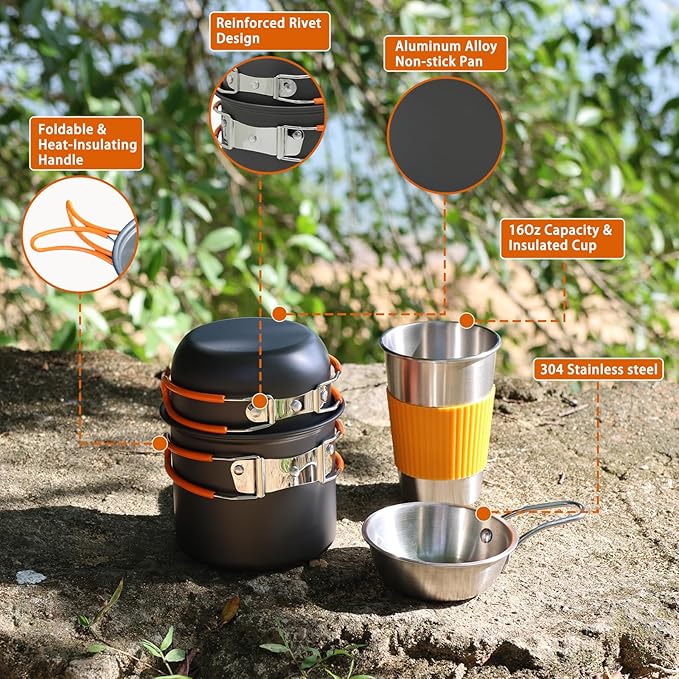 Camping Cookware Mess Kit, Non-Stick Lightweight Camping Pots and Pans with Kettle, Stainless Steel Cups Plates Forks Knives Spoons for Backpacking, Hiking, Outdoor Cooking