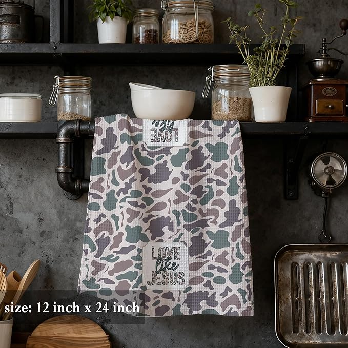 Vintage Camo Christian Kitchen Towels 16x24,Camouflage Farm Christian Decorative Hand Towels for Bathroom,Love Like Jesus Dish Tea Towels for Kitchen Bathroom