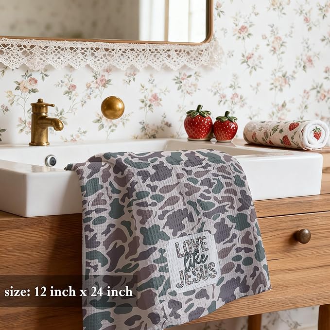 Vintage Camo Christian Kitchen Towels 16x24,Camouflage Farm Christian Decorative Hand Towels for Bathroom,Love Like Jesus Dish Tea Towels for Kitchen Bathroom