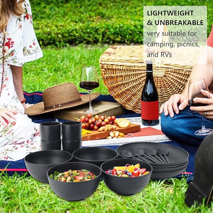 PYRMONT Wheat Straw Dishes Set for 4 Microwave Safe Plates and Bowls Sets 20-Piece Unbreakable Plastic Dinnerware Sets Alternative Dishwasher Plastic Plates for Kitchen,Outdoors-Dark Grey