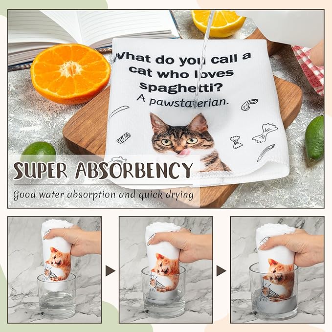 R HORSE 5Pcs Cats Kitchen Towels Set - Funny Cat Pun Jokes Absorbent Quick Dry Cloth Dish Tea Towels Reusable Bar Hand Dishcloths Decor for Cat Lovers Bathroom Kitchen Home Supplies Housewarming Gifts