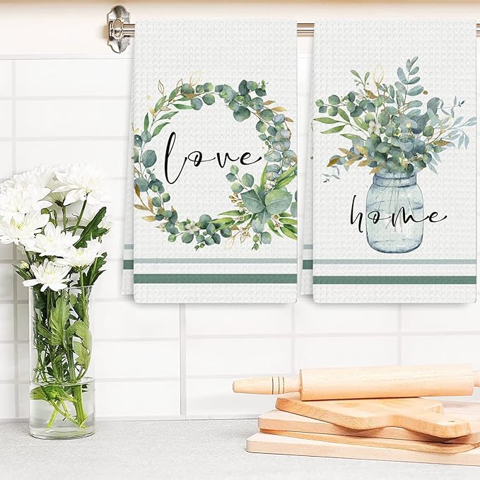 Green Eucalyptus Leaf Kitchen Towels, 4 Pack Love Sweet Home Quotes Eucalyptus Wreath Tea Dish Towels, Absorbent Drying Cloth Tea Towels for Cooking Baking,16×24IN (Green Leaves Towels)