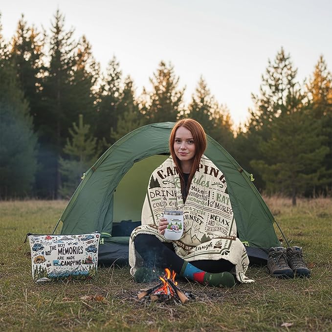 Patelai 4 Pcs Camping Gifts Set for Women & Men - Includes Tumblers, Throw Blanket, Socks, Toiletry Bag RV Gifts for Happy Camper Outdoor, Picnics, Hiking, RV Trips, Camping Accessories