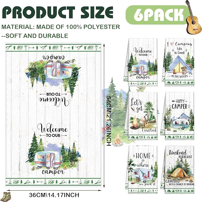 Macarrie Camping Kitchen Towels Set of 6 Dish Hand Tea Towels Kit Printed with Funny Sayings Bonfire Tent Car Novelty Gifts for Campers Happy Camper Camping Accessories for Rv Campers, 21 x 14 Inches
