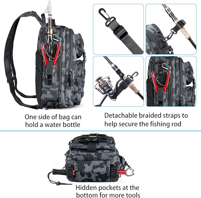 PLUSINNO Fishing Backpack, Fishing Bag, Waterproof Fishing Sling Tackle Bag For Fishing Gear With Rod Holder, Fishing Gifts for Men