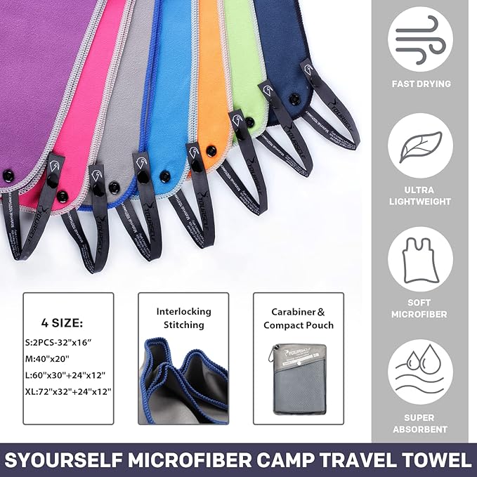 SYOURSELF 2 Pack Microfiber Camping Towel, Quick Dry Towel, Soft Absorbent Compact Travel Gym Workout Sweat Towel for Beach Yoga Swim Travel Camping Hiking Backpack Essentials (S:32"x16")
