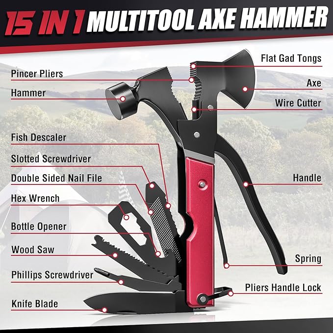 15 in 1 Multitool Axe Hatchet, Valentines Day Gifts for Him Adults, Camping Accessories Survival Gear, Multi Tool for Camping Hiking Survival, Cool Gadgets Gifts for Men, Husband, Boyfriends