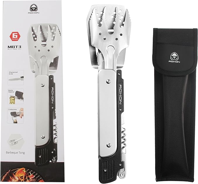 ROXON S601 14" 6 in 1 MBT3 Folding Grill Utensils Set Fork Spatula Grilling Knife Tongs Opener for Backyard Barbecue and Camping
