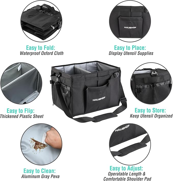 HAUSHOF Large Grill and Picnic Caddy with Paper Towel Holder, Condiment Pocket, Foldable BBQ Organizer Easy Carry Griddle Caddy for Camping, RV, Outdoor Waterproof Oxford Cloth (Black)