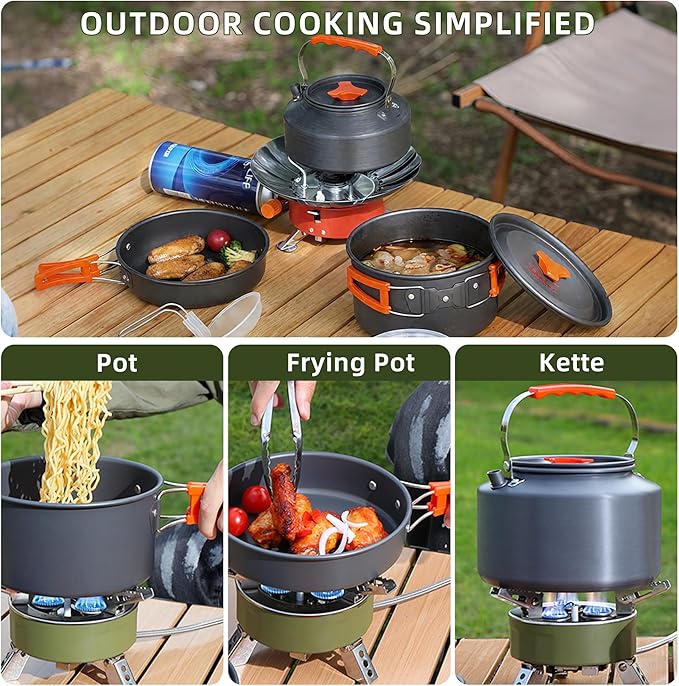 aiGear 3pcs Camping Cooking Set for 1-2 People, Lightweight Foldable Pot Pan Kettle with Storage Bag, Backpacking Cooking Set for Hiking Picnic Camping