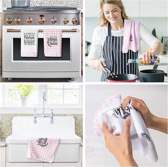 R HORSE Cute Pink Kitchen Towel Set 5Pcs Pink Check Kitchen Dishcloth Absorbent Funny Cleaning Dishcloth Bar Hand Towel Kitchen Holiday Decorations Gift for Hostess Mom Women Housewarming