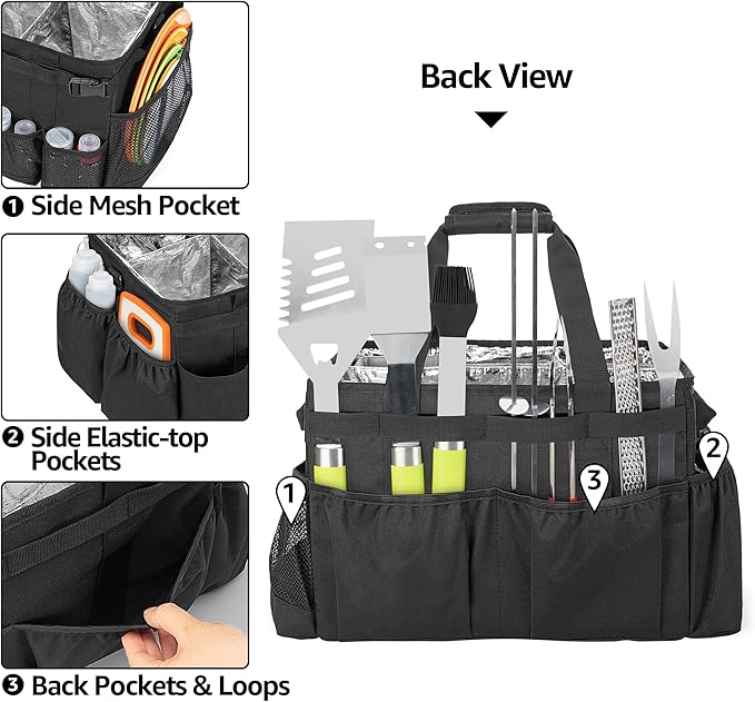HODRANT Large Grill Utensil Caddy with Paper Towel Holder, Outdoor Picnic Bag Organizer for BBQ Supplies Tool, Tailgating Accessory Basket Camping Gear Must Haves for Cook Essentials, Black, Bag Only