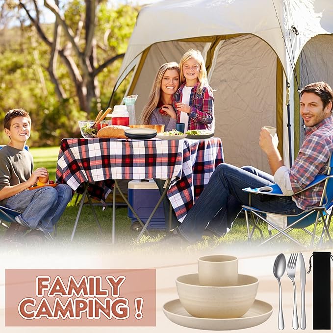 Teenyyou 4 Sets Camping Mess Kits for 4 Person Camping Silverware Set Include Cup, Bowl, Plate, Knife, Spoon, Fork Cutlery Set Unbreakable Wheat Straw Dinnerware Utensils for Travel