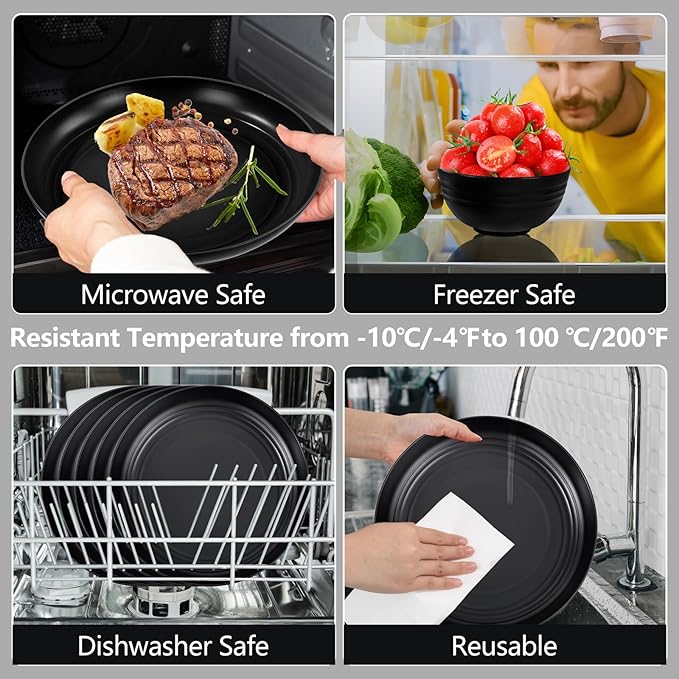 LIYH 24 Pcs Black Wheat Straw Dinnerware Sets, Unbreakable Plates and Bowls Set Plastic Dinnerware Set Include Wheat Straw Plates, Bowls, Cups, Dishes for Kitchen& Camping