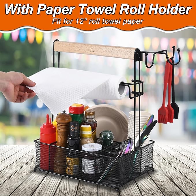 VIKEYHOME Grill Caddy, Picnic BBQ Organizer for Camping Outdoor Mesh Basket with 3 Hanging Hooks and Paper Towel Holder, Ideal Table Storage Tools for RV Camper/Tailgating/Flatware