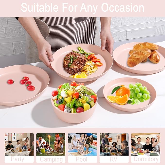 EI 12pcs Pink Wheat Straw Plates,Wheat Straw Dinnerware Set for 4,Plates and Bowls Sets,Plastic Plate Reusable,Unbreakable Plastic Plate Melamine,Camping Family Dishes Set