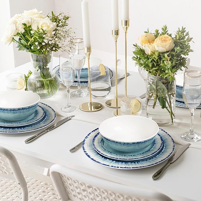 AELS Melamine Dinnerware Set of 12 Pcs Dinner Dishes Set for Indoor and Outdoor Use, Dishwasher Safe, Lightweight Unbreakable, BPA Free, Light Blue