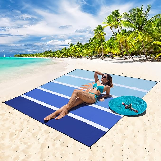 WIWIGO Beach Blanket Waterproof Sandproof Beach Mat 79" X 83"/10'x9'for 2-8 Adults Quick Drying Outdoor Picnic Mat Beach Accessories for Travel, Camping, Hiking