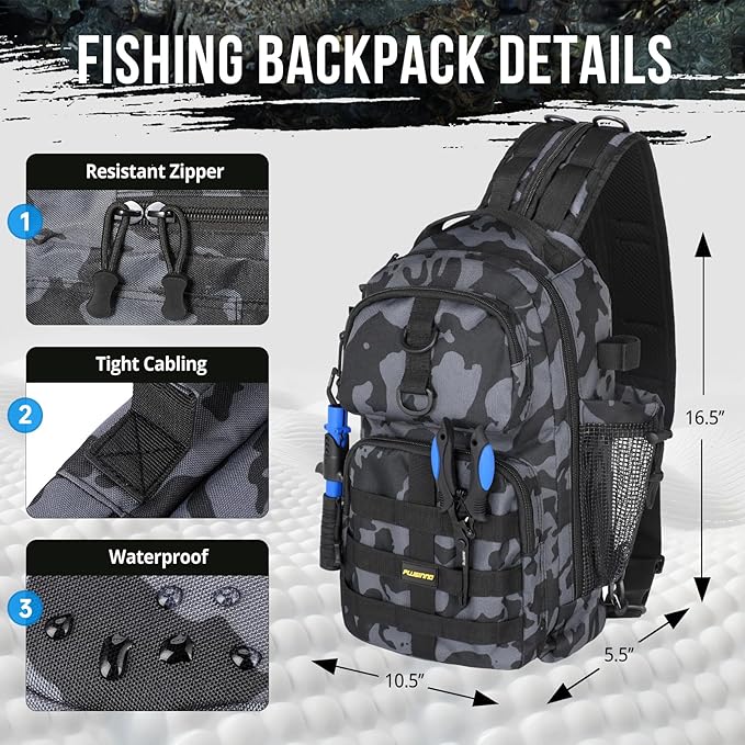 PLUSINNO Fishing Backpack with Tackle Boxes, Waterproof Fishing Sling Tackle Bag For Fishing Gear With Rod Holder, Fishing Gifts for Men With Fishing lures, Fishing pliers.