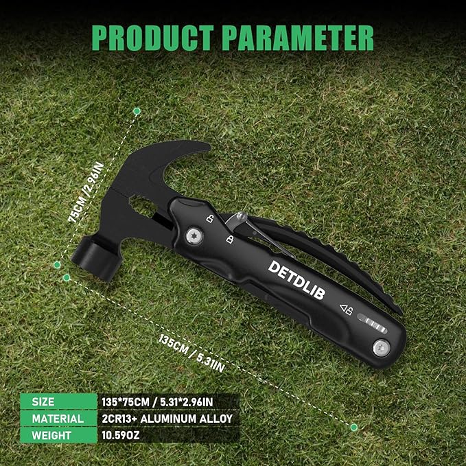 DETDLIB12-in-1 Multitool Hammer, Birthday Gifts for Men, Essential for Camping, Hiking, Cool Gadget, Gifts for Men. Women, Dad, Him, Husband, Father, Mechanic, Boyfriend, Black