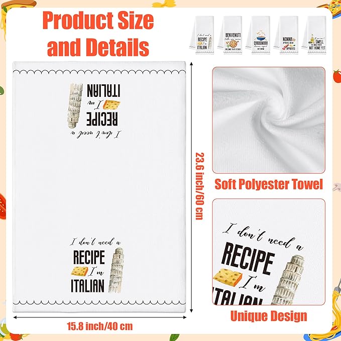 R HORSE Italian Kitchen Dish Towels - 5Pcs Italian Food Cleaning Dishcloth Italy Wine Cheese Pizza Absorbent Bar Quick Dry Hand Towel Tea Towels Birthday for Women Man Housewarming Decor