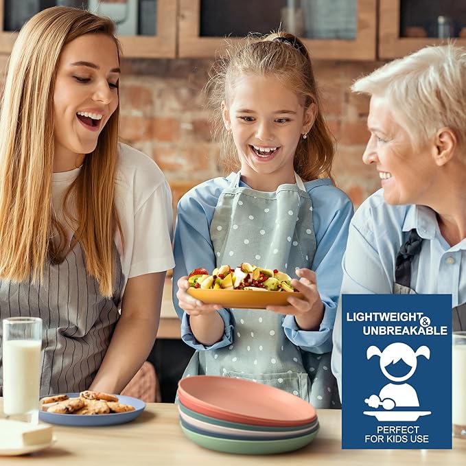 HOTEC 8-Pack 9inch BPA Free Unbreakable Deep Dinner Plates, Wheat Straw Plastic Plates Dishwasher Safe Kitchen Plates Dinnerware, Multicolor