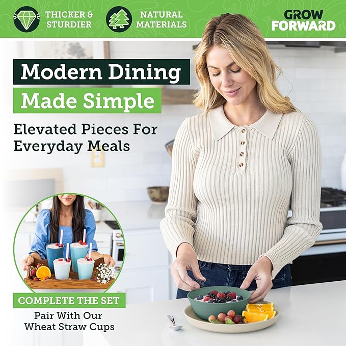 Grow Forward Premium Wheat Straw Plates and Bowls Sets - 8-Piece Wheat Straw Dinnerware Sets - Unbreakable & Reusable Microwave Safe Plastic Dinner Plates for Outdoors, RV, Camping Dishes - Oasis