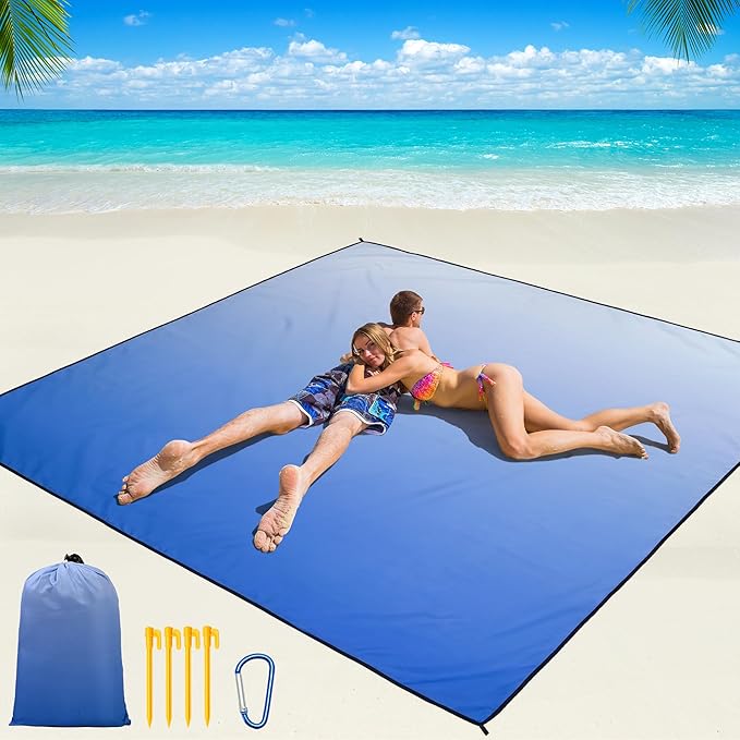 WIWIGO Beach Blanket Waterproof Sandproof Beach Mat 79" X 83"/10'x9'for 2-8 Adults Quick Drying Outdoor Picnic Mat Beach Accessories for Travel, Camping, Hiking