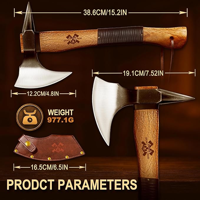 Grumpy Bear 15" Camping Hatchet, Survival Axe with Sheath, High Carbon Steel and Wood Handle, Anti-Slip Grip – Ideal for Bushcraft, Wood Splitting & Outdoor Adventures