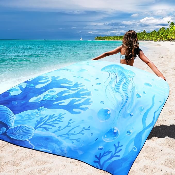 WIWIGO Beach Blanket Waterproof Sandproof Beach Mat 79" X 83"/10'x9'for 2-8 Adults Quick Drying Outdoor Picnic Mat Beach Accessories for Travel, Camping, Hiking