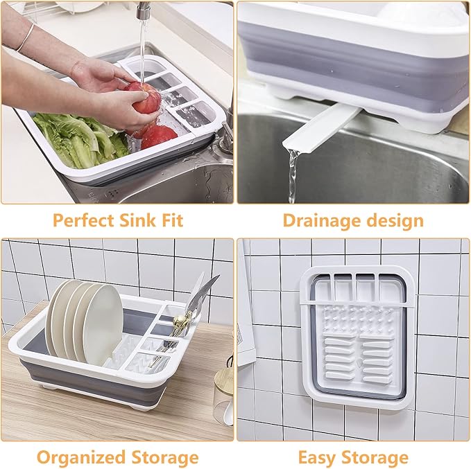 Goderewild Collapsible Dish Drying Rack with Rotating Drain & Plug,Space-Saving Dish Drainers for Kitchen Counter, Portable Dish Rack Over Sink Drying Dinnerware,Travel Trailer RV Camping Essentials