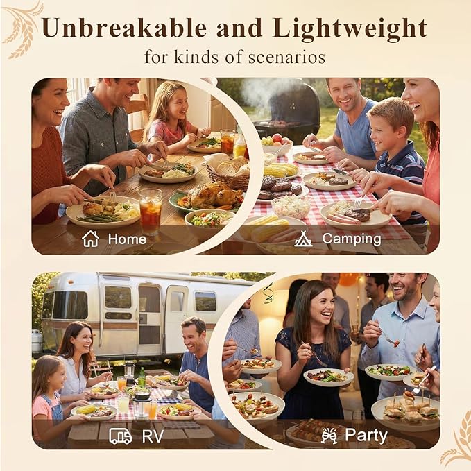Kitchen Plates Set for 8, Wheat Straw Plate 8 Inch, Unbreakable & Lightweight Plastic Plates, Microwave and Dishwasher Safe Serving Plate for Camping, School, Dorm - Beige
