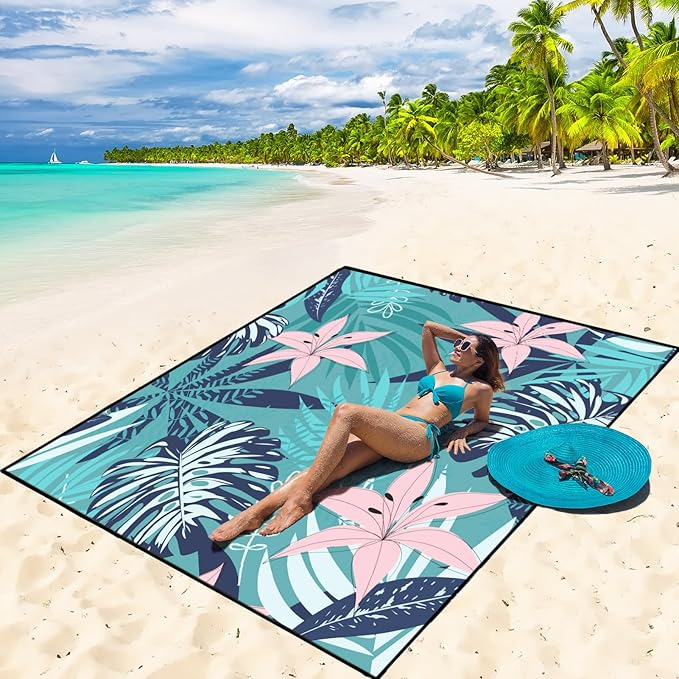 WIWIGO Beach Blanket Waterproof Sandproof Beach Mat 79" X 83"/10'x9'for 2-8 Adults Quick Drying Outdoor Picnic Mat Beach Accessories for Travel, Camping, Hiking