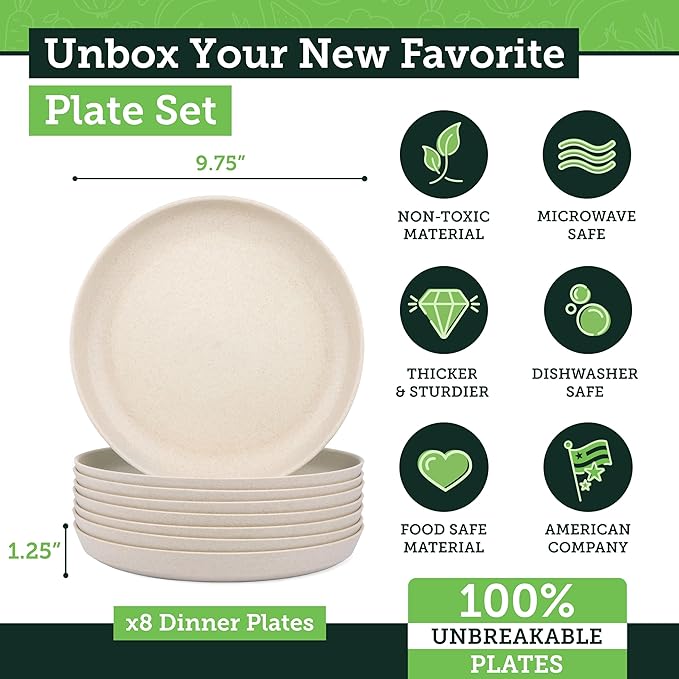 Grow Forward Premium Wheat Straw Plates - 10 Inch Reusable Hard Plastic Dinner Plates Set of 8 - Unbreakable & Microwave Safe Dishes for Dessert, Camping, RV, Outdoors, Patio, Kitchen - Sahara