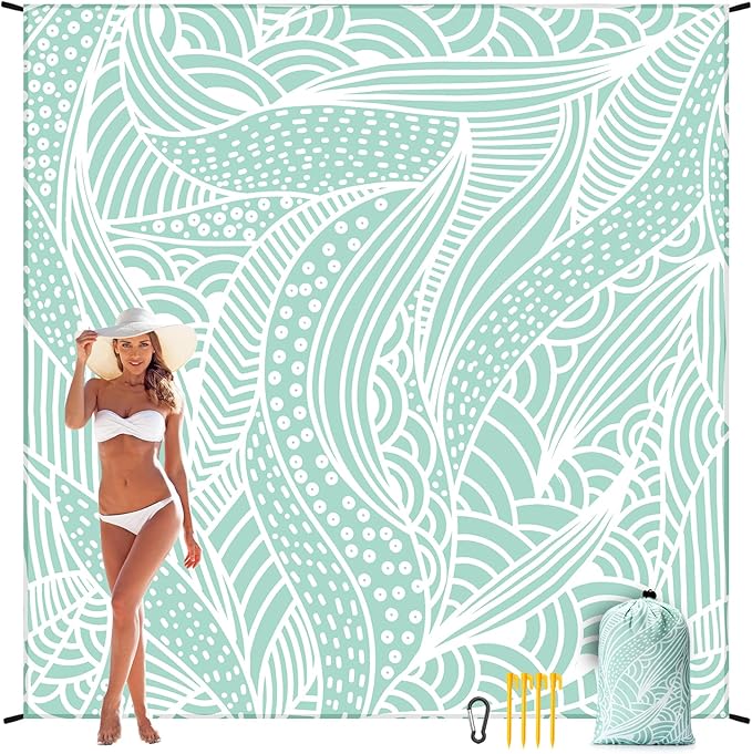 WIWIGO Beach Blanket Waterproof Sandproof Beach Mat 79" X 83"/10'x9'for 2-8 Adults Quick Drying Outdoor Picnic Mat Beach Accessories for Travel, Camping, Hiking