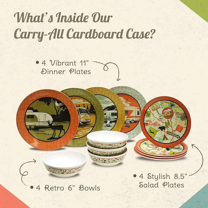 Melamine Plates & Bowls Set - 12-Piece Dish Set for Indoor & Outdoor Dining - BPA Free, Top Shelf Dishwasher Suitable Dinnerware Set - Sturdy Melamine Dinnerware Sets - Camping Dishes by Camp Casual